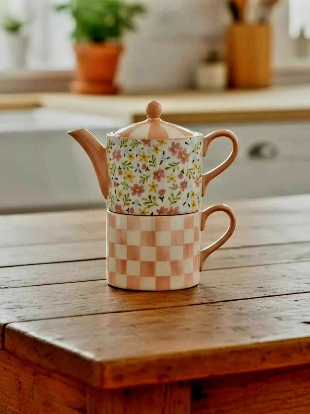 NEW McKenzie Childs Posie Patch Ceramic Tea For Me Set Stacked Floral Teapot Mug